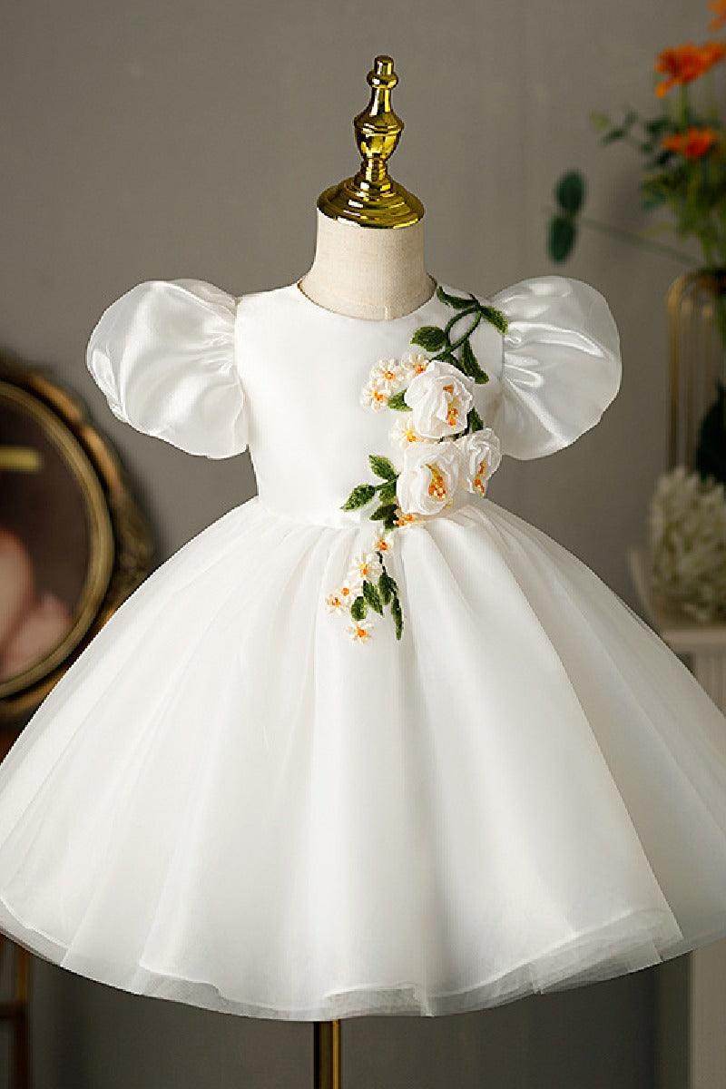 A-Line Scoop Neck Puff Sleeves Midi Organza/Tulle Flower Girl Dresses 710126398367 - COCOMELODY